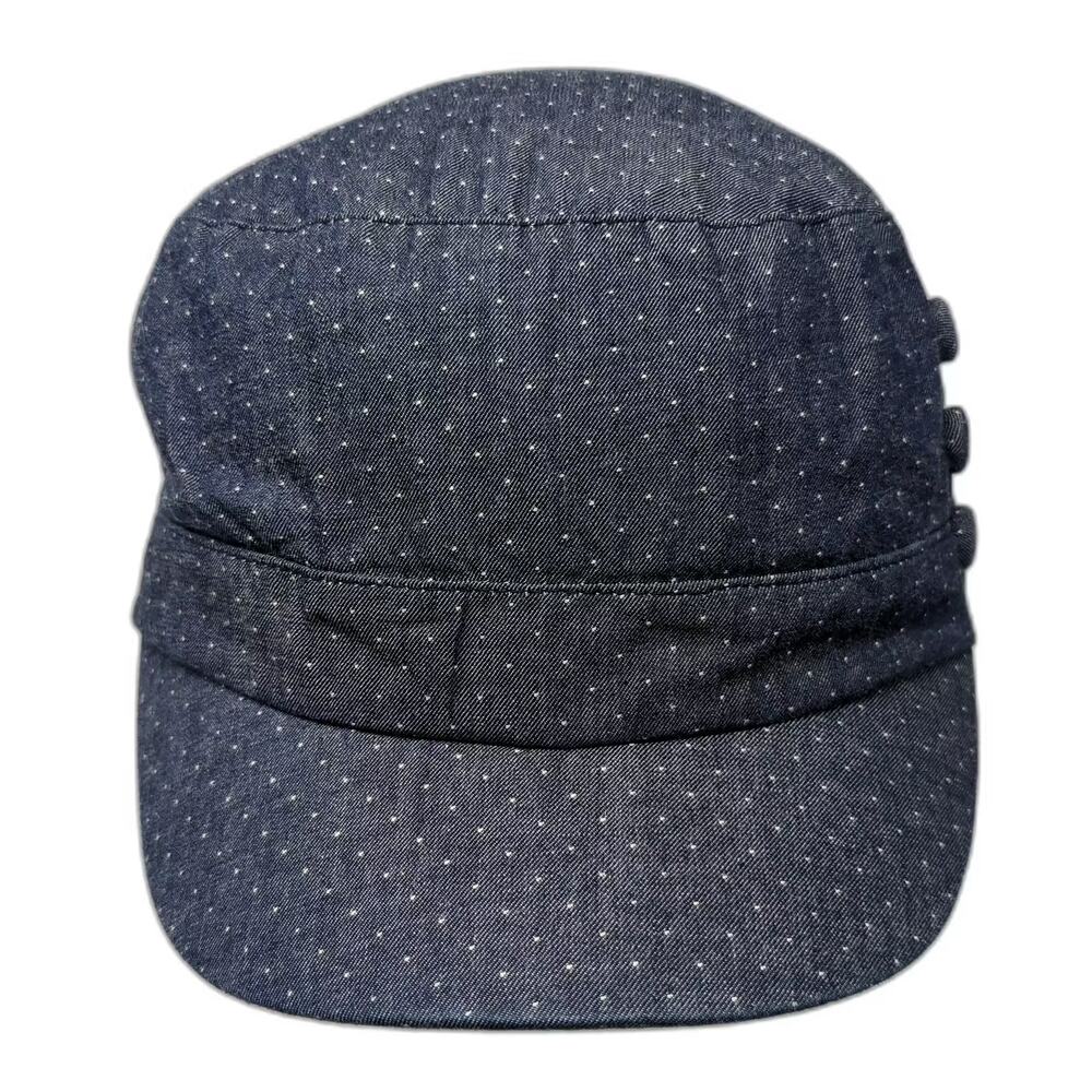 D&Y Blue Polka Dot Army Cap Hat OS Cotton Elastic Back Side Buttons Pattern